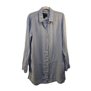 Tahari Women's Medium 100% Linen Light Blue Tunic Top Button Down Beach Coastal